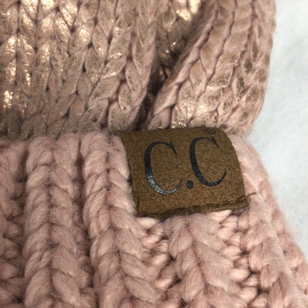 C.C Women's Faux Fur Pom Rose Shiny Metallic Finished Knit Beanie‎ Hat - Picture 4 of 5